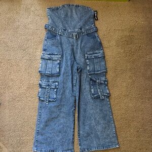 Denim Cargo Jumpsuit with Belt